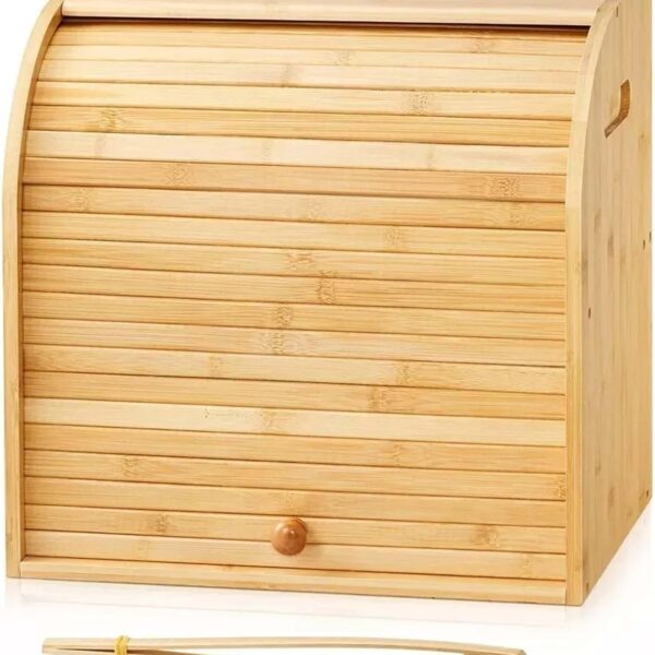 PREMZO Bread Bin Kitchen Box Organiser Bread Storage Bin Durable Wood, Loaf, Lift Up With Handle, Double Layer Slide Roll Top, Countertop Food Container Home Restaurant s camping