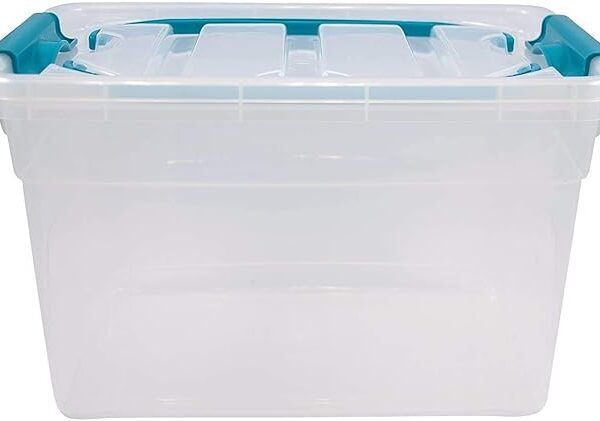 Whitefurze 2 X Carry Box Secure Lid Strong Handle Clear Plastic Storage Container Teal Clip 13L