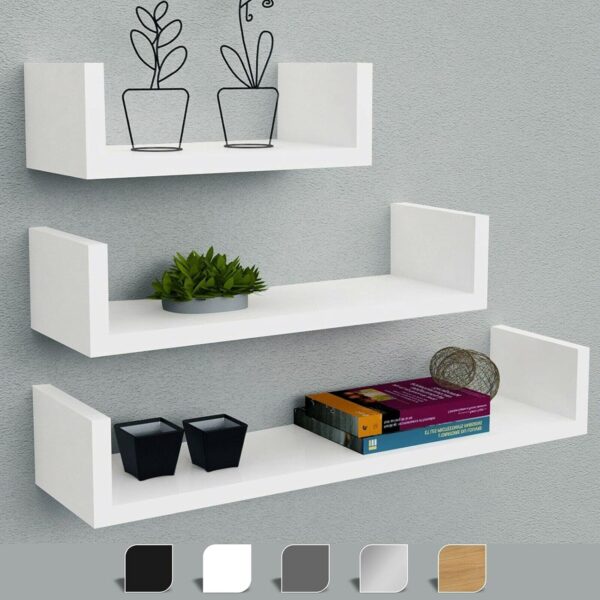 HOMION Floating Shelf Set Of 3 Different Sizes U Shape Wooden DIY Display Unit Shelves U shaped Wall Mount Shelf Living Room Kitchen Garage Caravan Camping Room Storage Shelves
