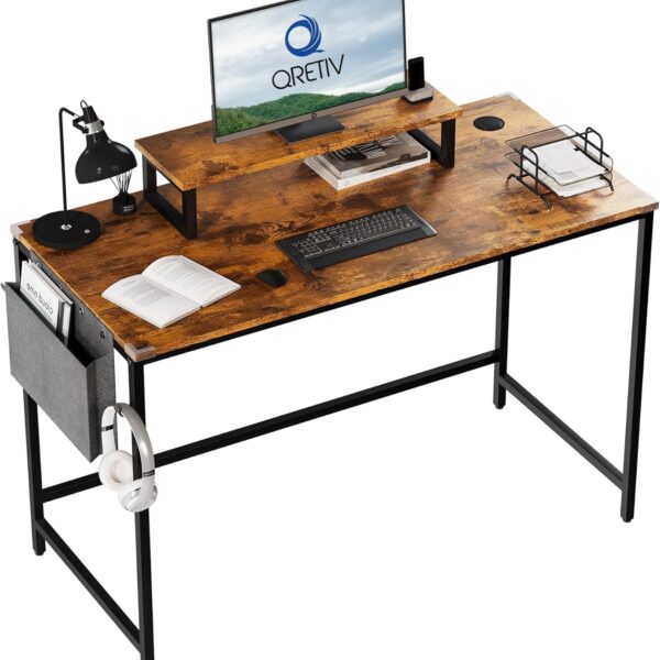 Qretiv Computer Desk for Small Spaces, Home Office Desk 110cm Wide Small Desk - Wooden Desk for Workstations, PC Desk, Gaming Desk & Study Desk Table with Storage, Corner Protectors, Table Top, Hook